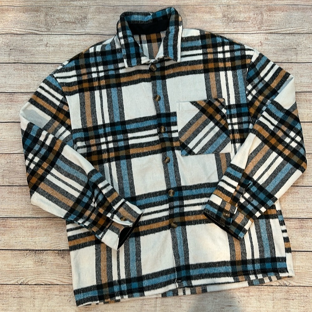 Shein Blue and Brown Plaid Thick Jacket Sweater Button Down Size Large